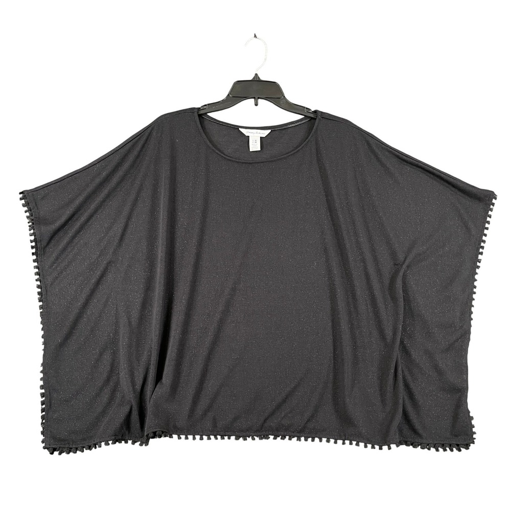 Tommy Bahama Poncho Top Womens S/M Black Shimmer Tassel Trim Beach Cover Up